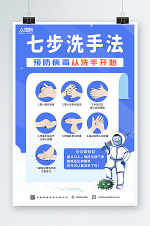 大气预防病毒七步洗手法海报