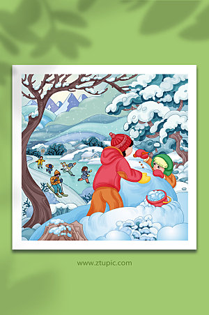 唯美冬天滑雪运动人物精美插画