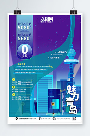 蓝色魅力青岛城市旅游双人飞海报