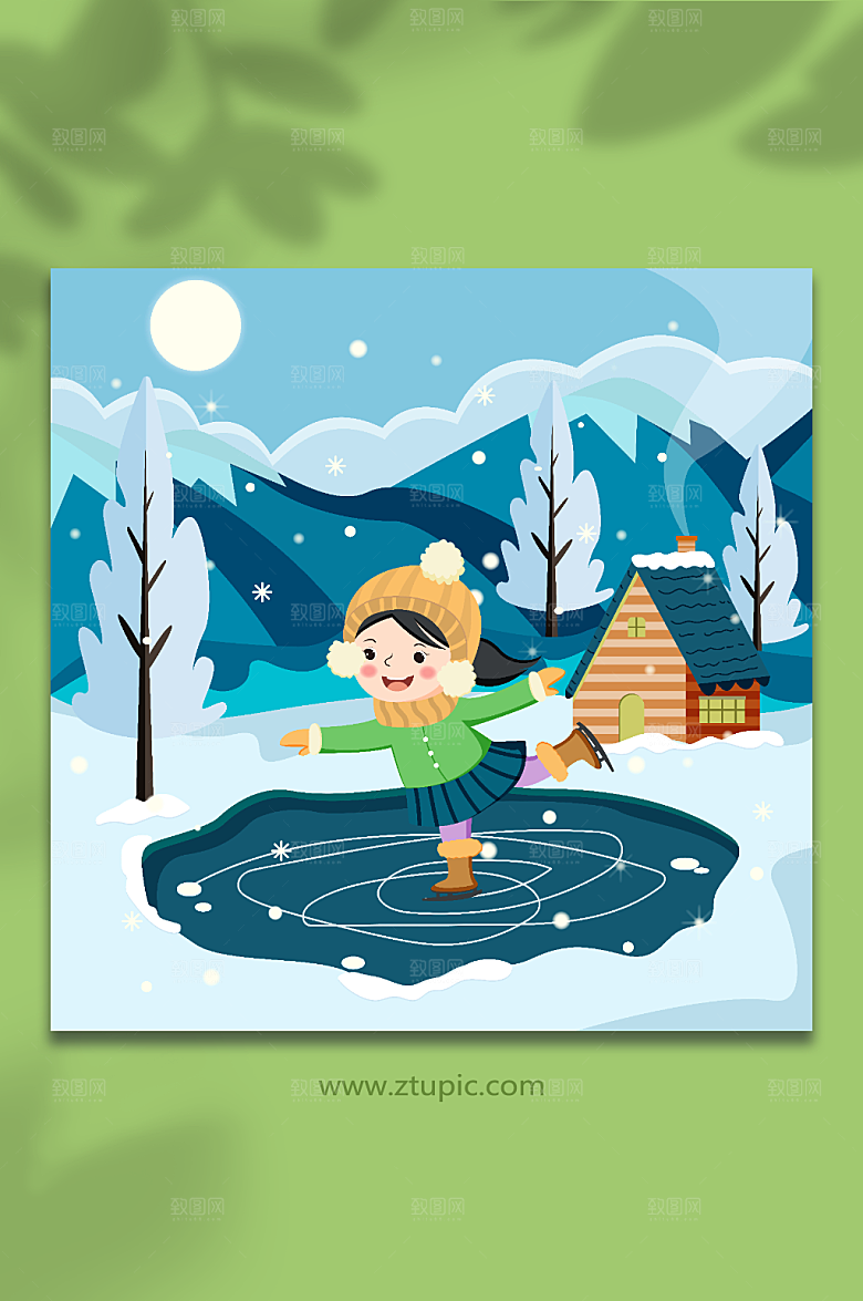 优美冬季雪地女孩滑雪卡通插画