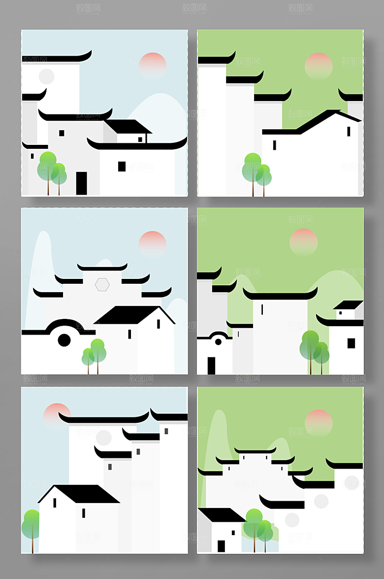简洁清新徽派建筑意境元素插画设计