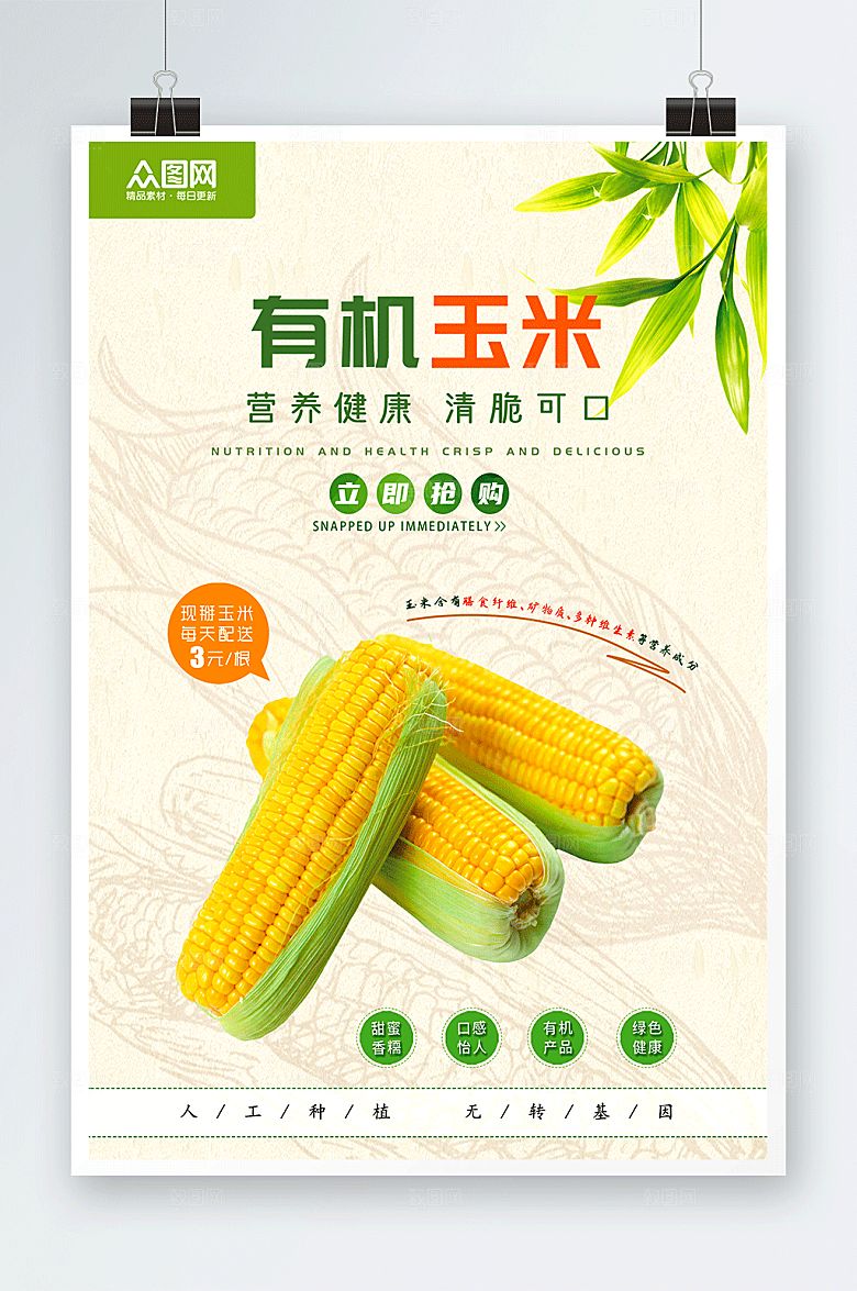 黄色简洁有机玉米促销海报设计