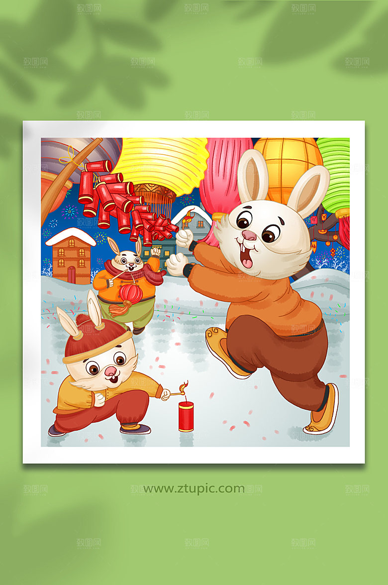 喜庆新春祝福鞭炮灯笼兔年精美插画