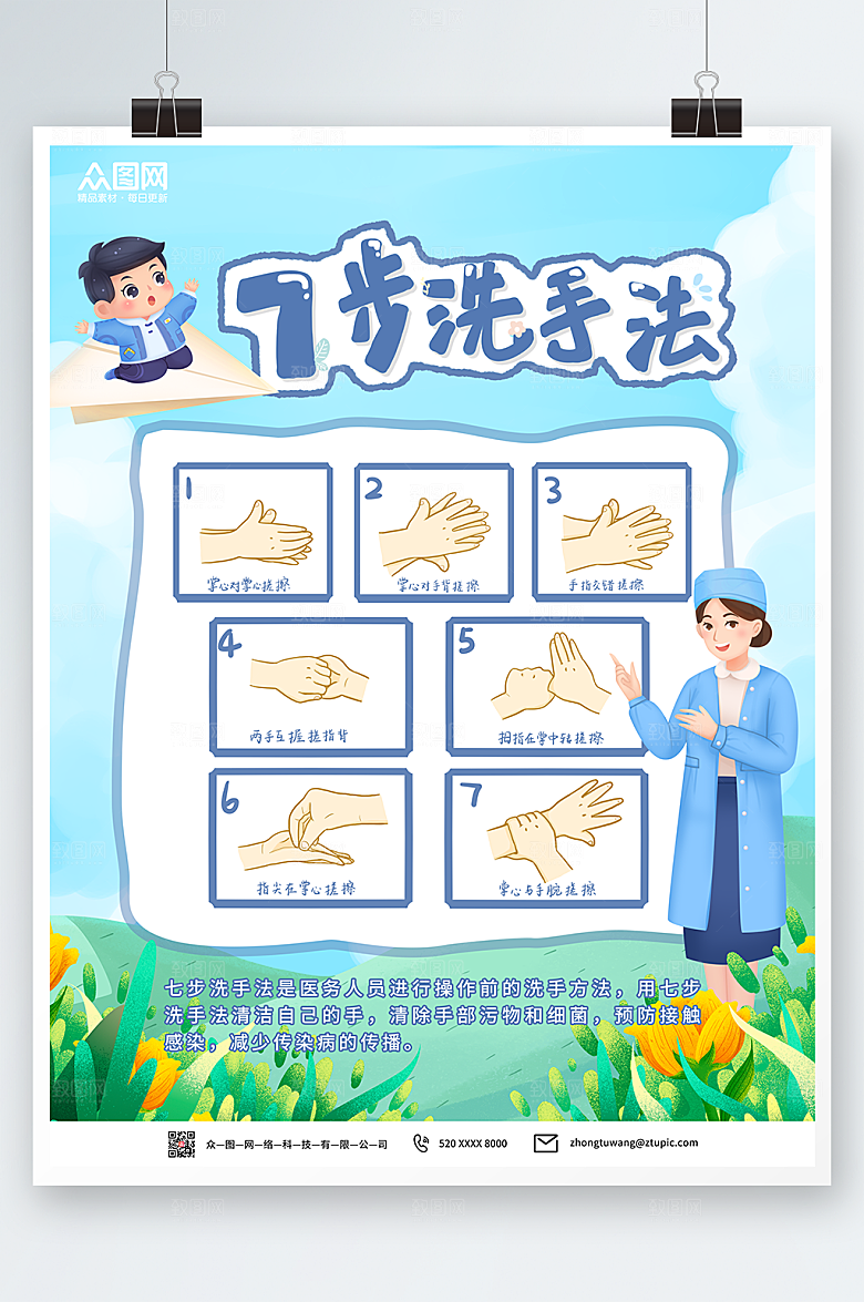 蓝色简约七步洗手法卡通海报