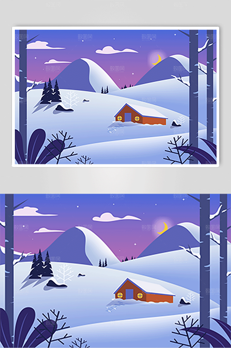 紫色雪山房屋冬季雪景夜色插画