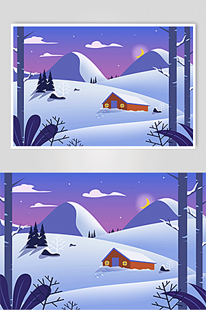 紫色雪山房屋冬季雪景夜色插画