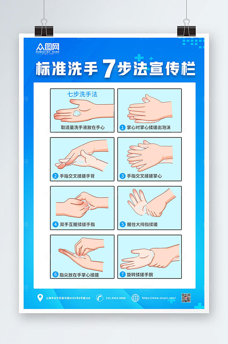 蓝色标准七步洗手法宣传栏海报