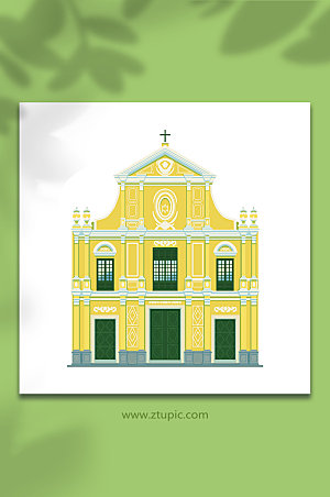 黄色澳门玫瑰堂插画建筑元素设计
