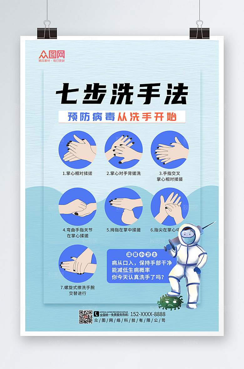 蓝色简约七步洗手法步骤宣传海报