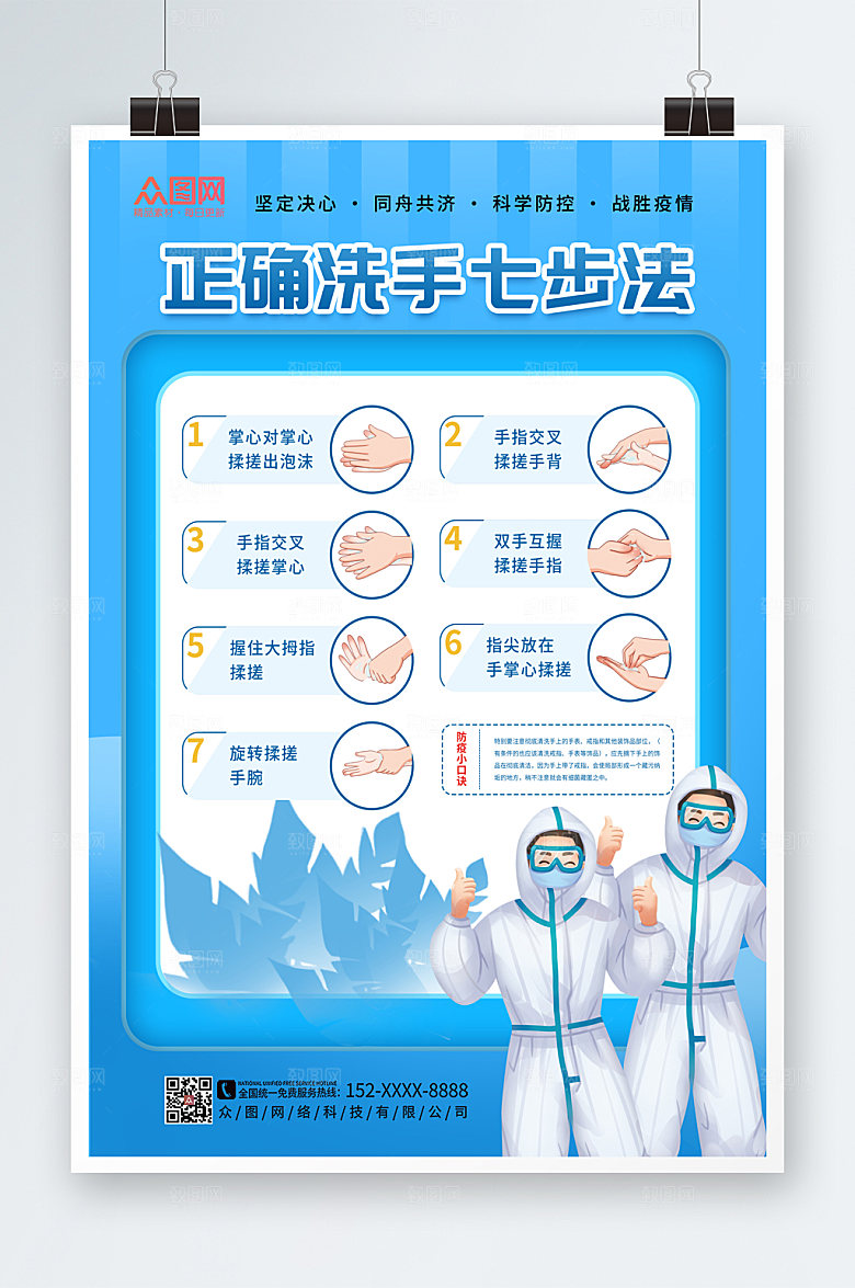 蓝色时尚大气正确七步洗手法海报