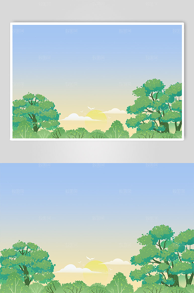 绿色渐变清新树木精美插画背景图