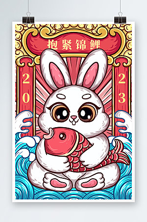 彩色抱紧锦鲤兔年新年精美插画海报