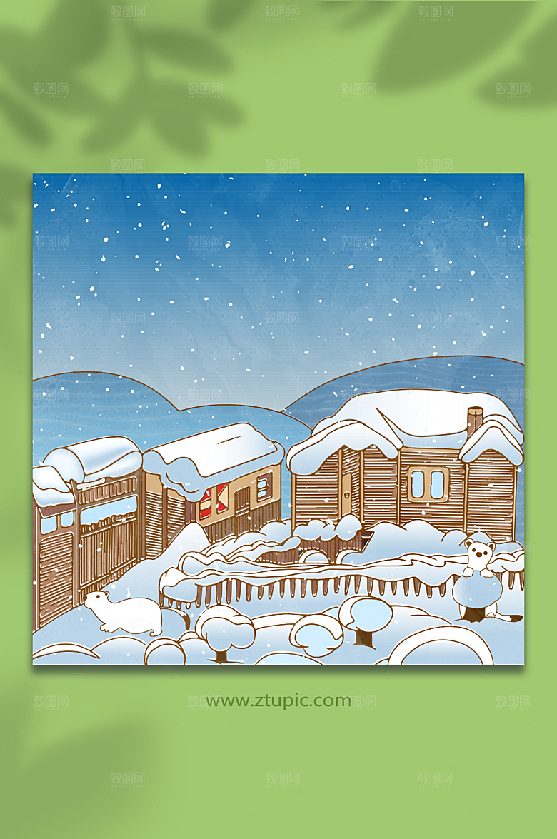 蓝白温馨冬季雪景卡通矢量插画