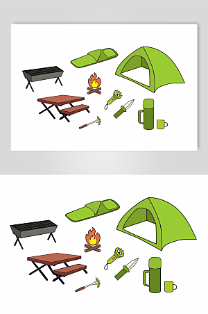 绿色户外露营物品生存元素插画
