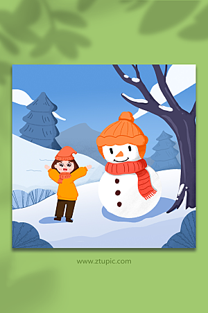 唯美女孩在雪地堆雪人冬季插画