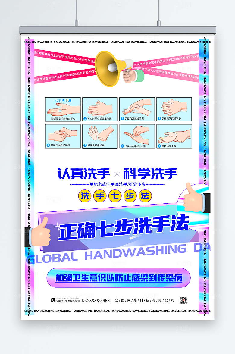简洁七步洗手法科学洗手海报