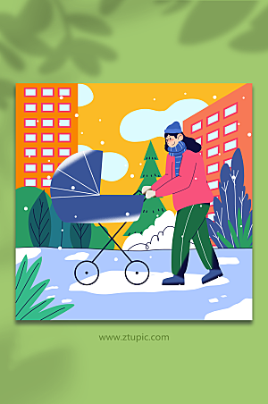 大气冬季遛娃妈妈人物插画设计