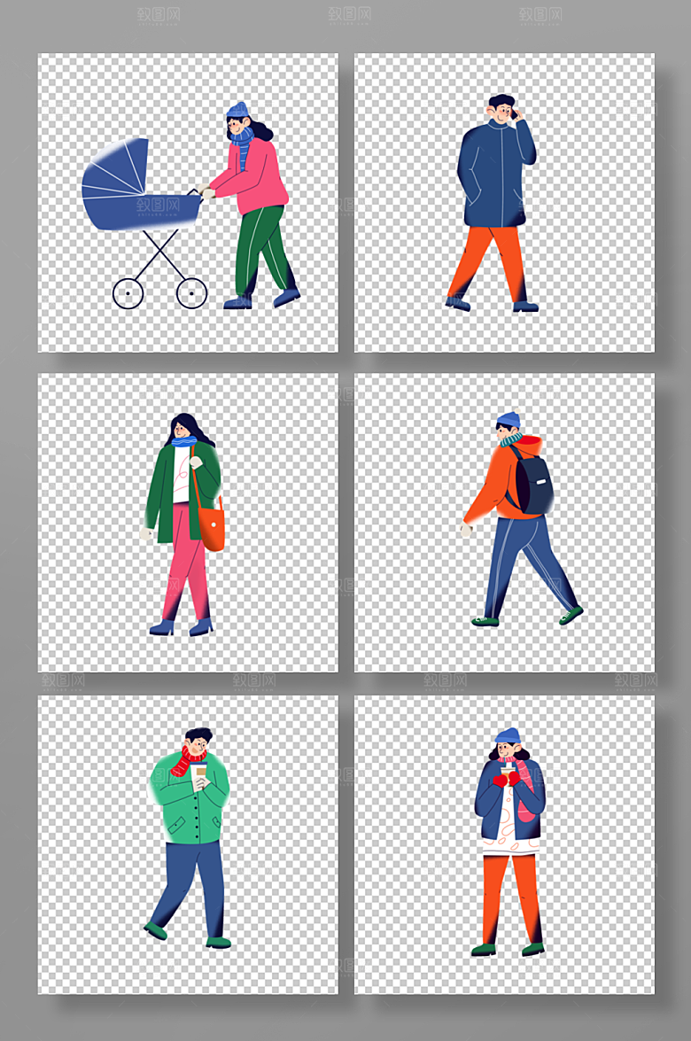 温暖冬季男人女人组合元素插画
