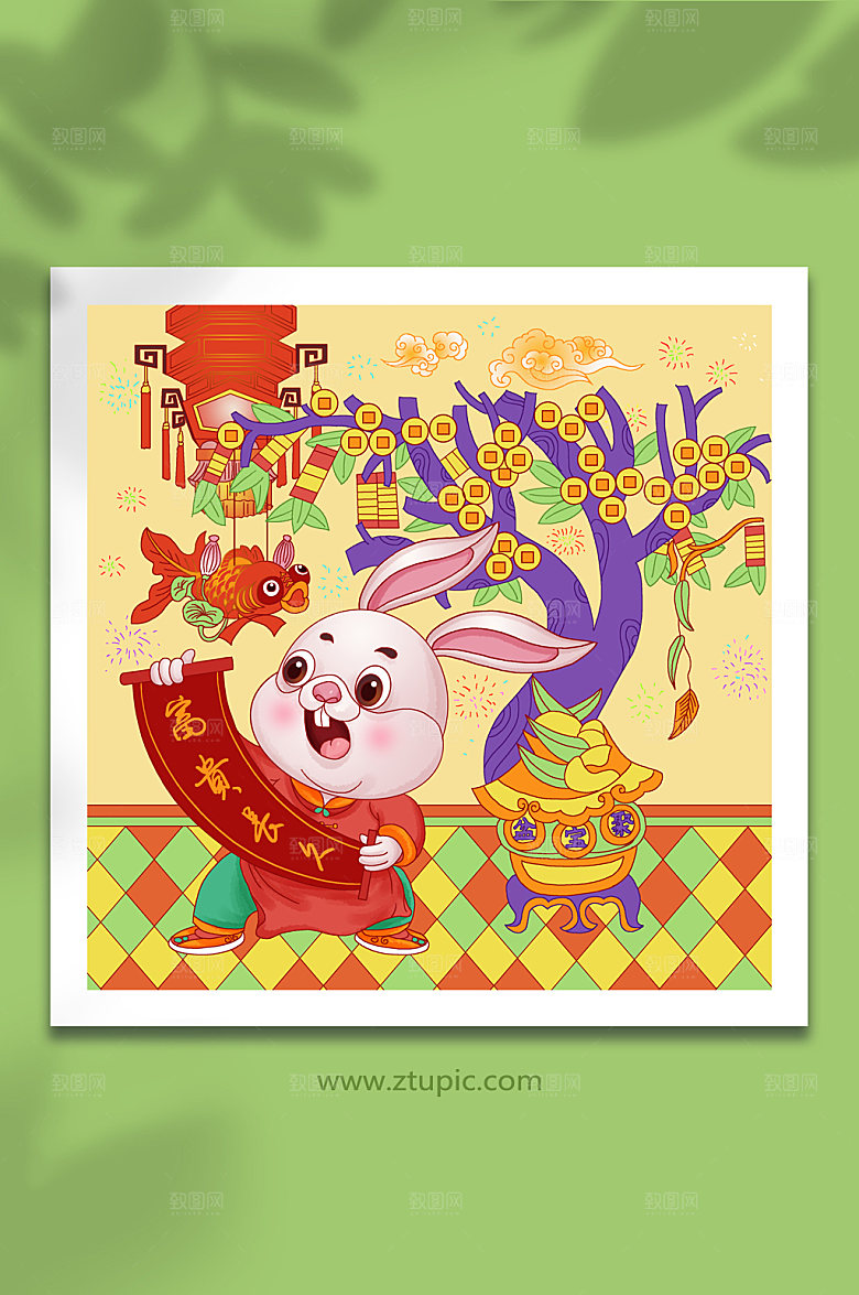 国潮风富贵长久吉祥兔年新年插画