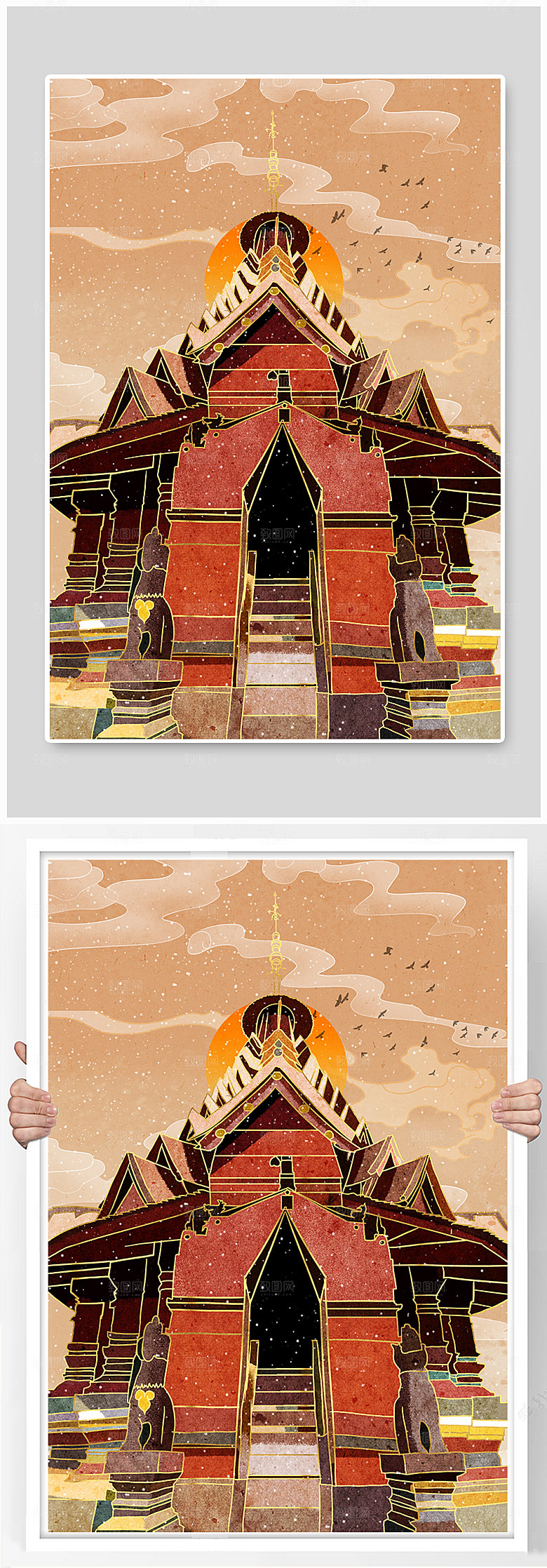 黄色西双版纳地标建筑宣传插画