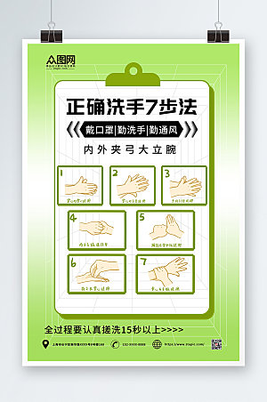 大气绿色正确七步洗手法精美海报