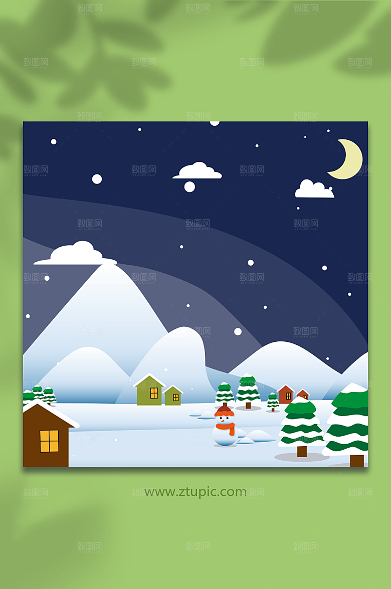 蓝色卡通季雪人雪景乡村插画