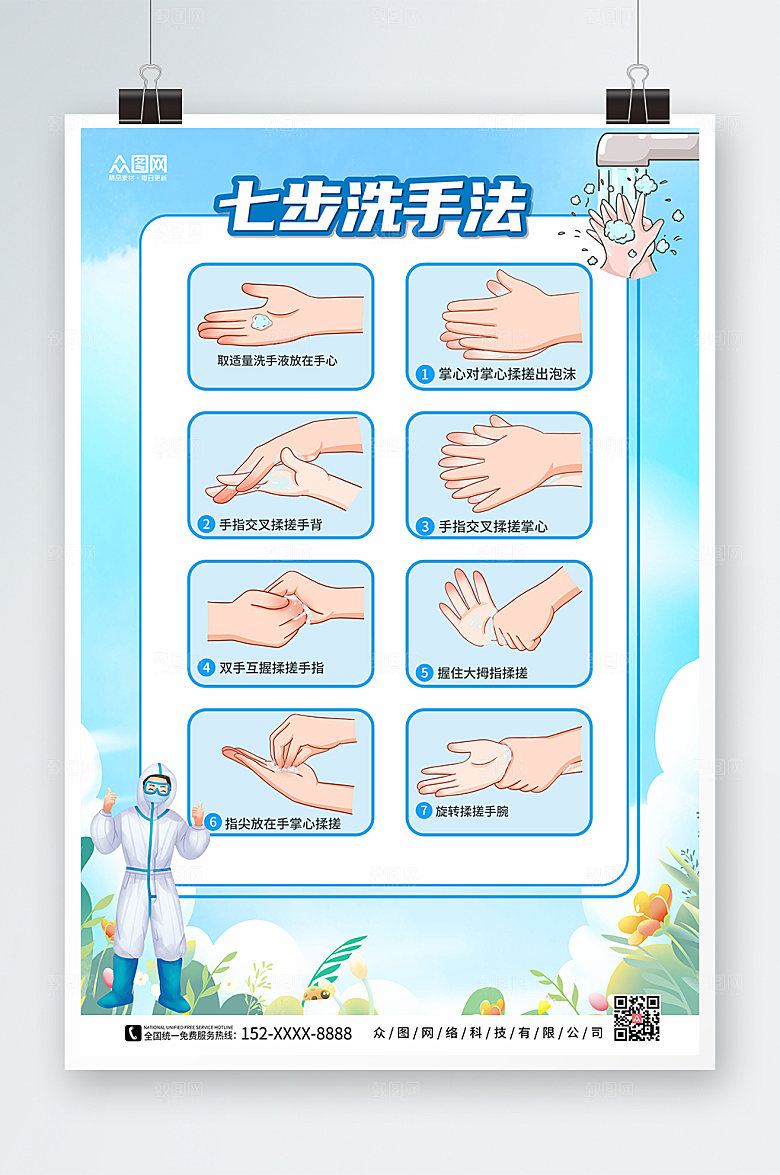 温馨蓝色七步洗手法海报设计