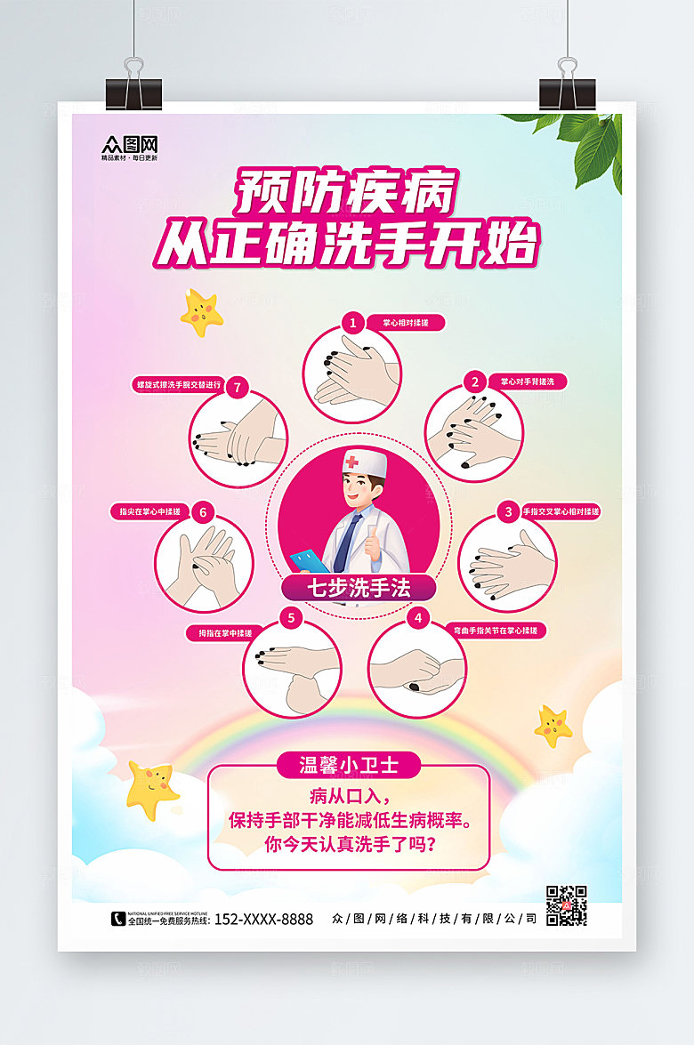 时尚甜美风七步洗手法宣传海报