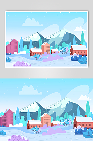 简洁清新冬季雪景矢量插画设计