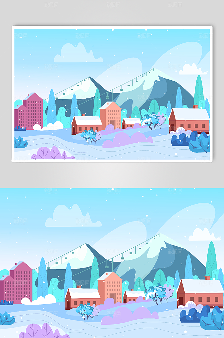 简洁清新冬季雪景矢量插画设计
