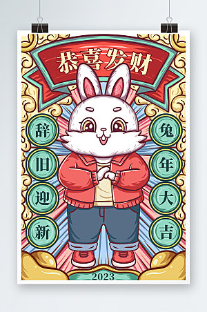 大气恭喜发财2023兔年精美插画