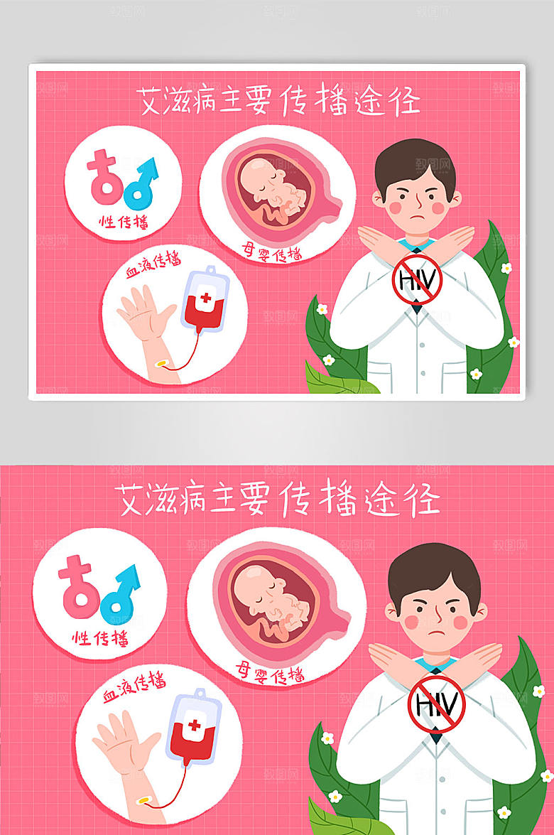 粉色艾滋病主要传播路径宣传插画