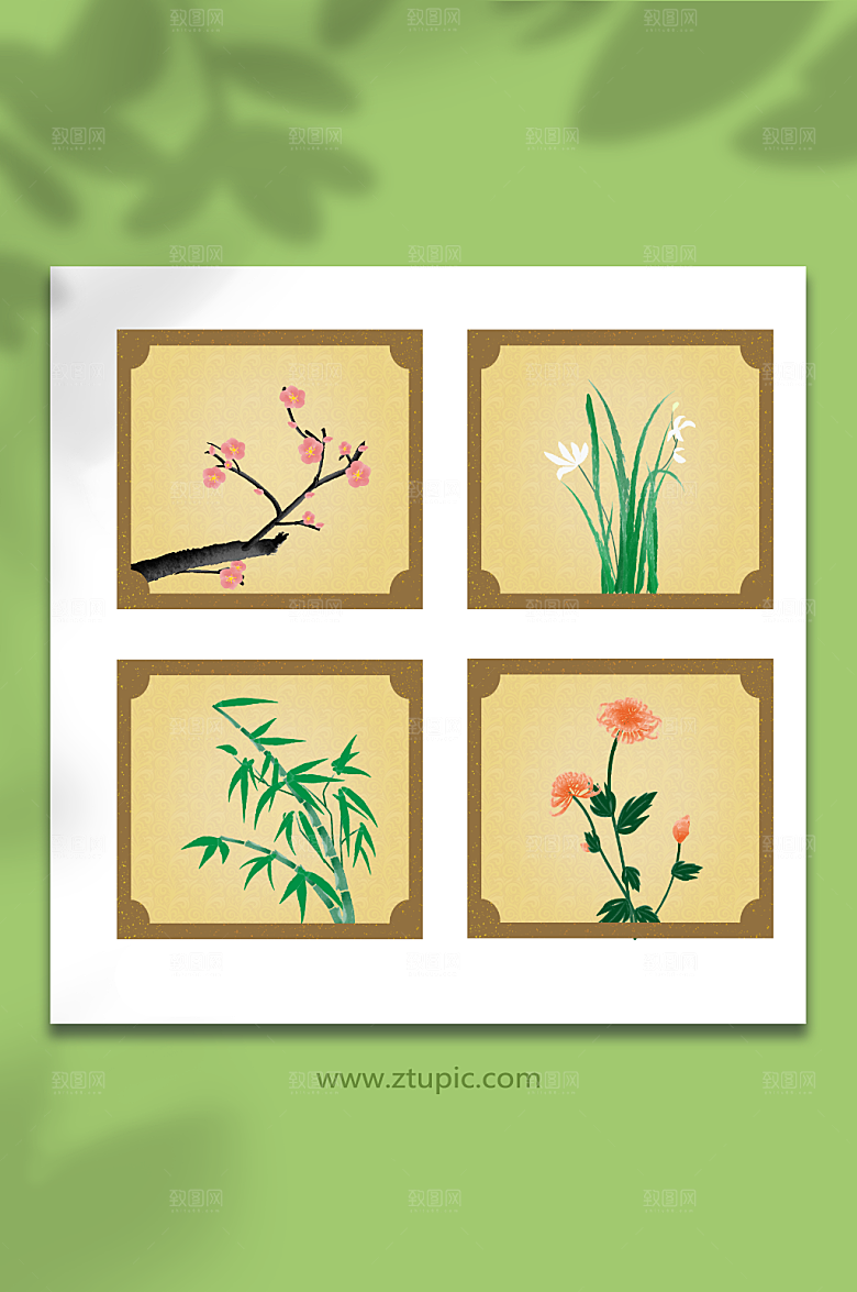 扁平古风梅兰竹菊植物插画素材
