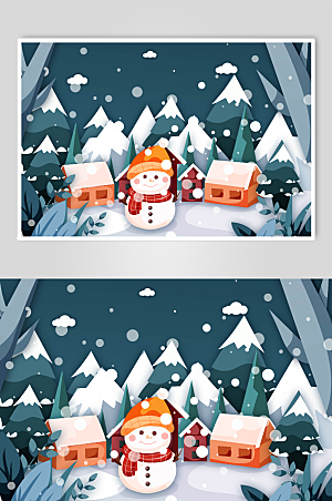 卡通雪人冬季雪景插画设计