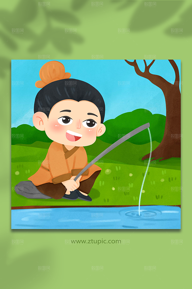 快乐古风河边垂钓人物精美插画