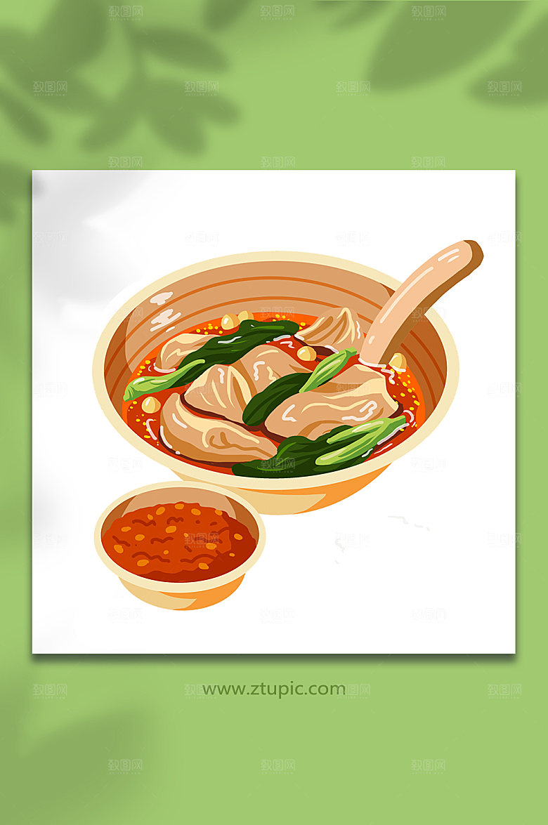 卡通红油抄手成都美食插画素材