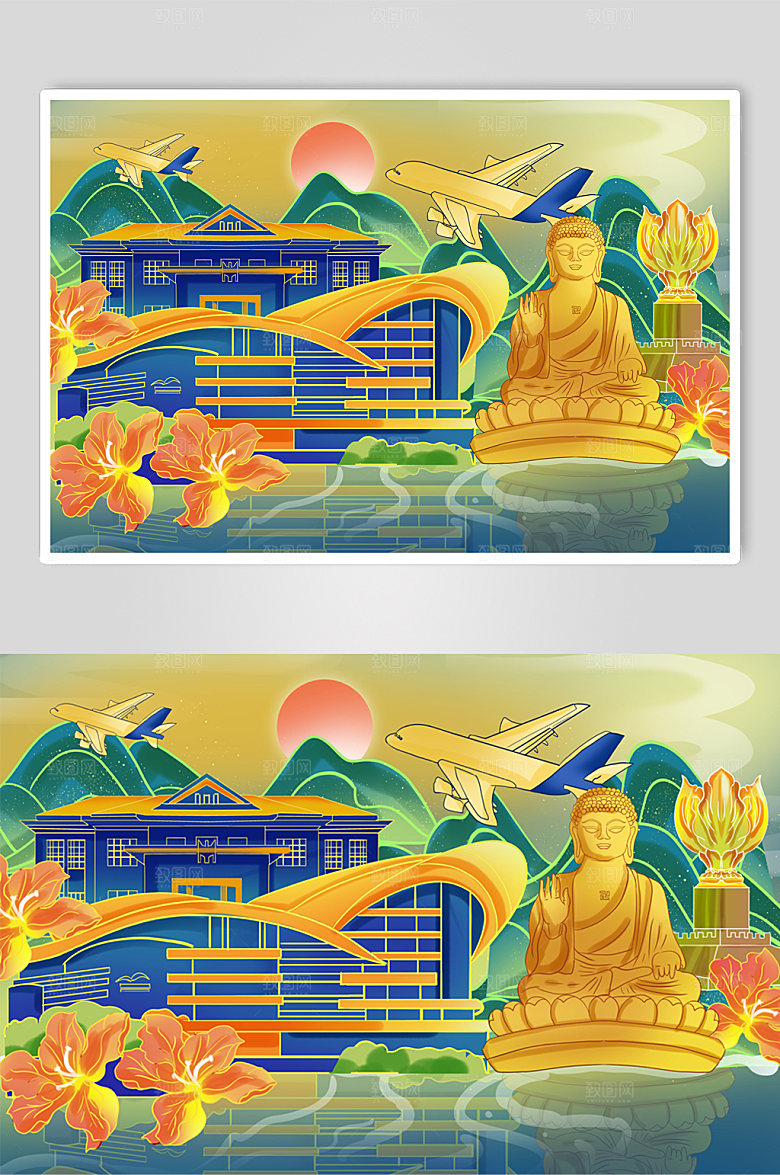 卡通香港地标建筑插画设计