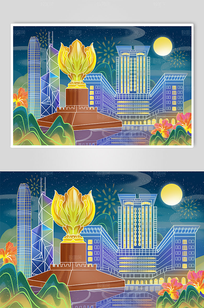 手绘香港地标建筑插画素材
