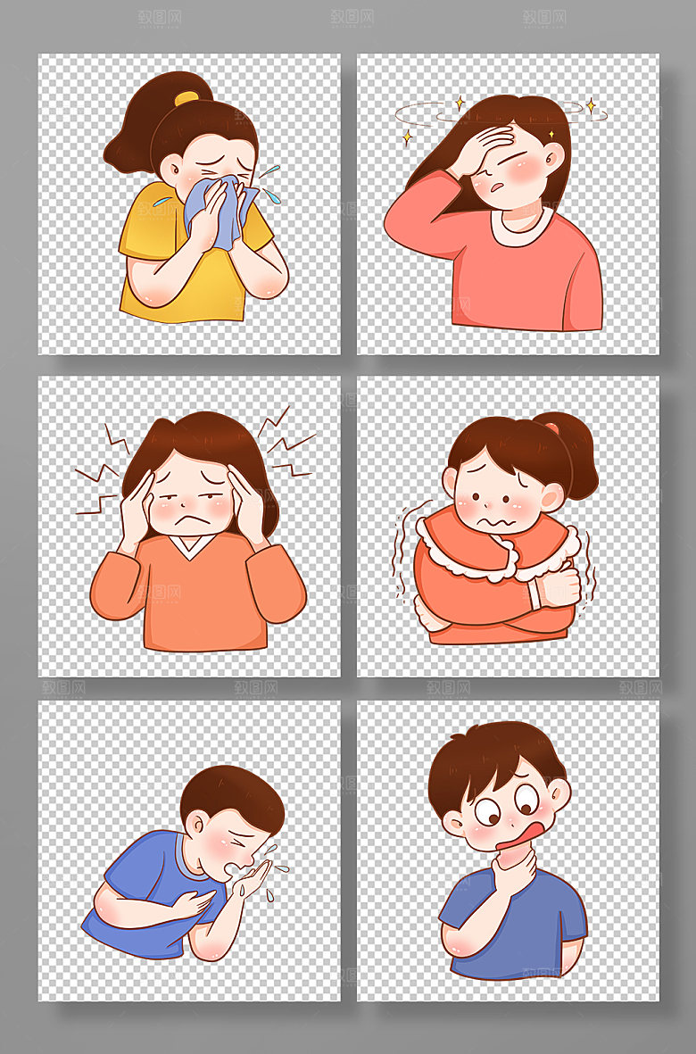 简洁冬季感冒症状人物组合插画元素