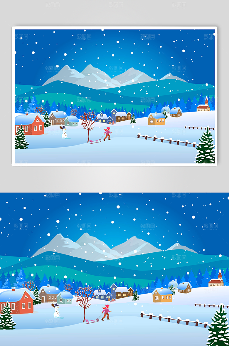 卡通极简冬季雪景插画设计