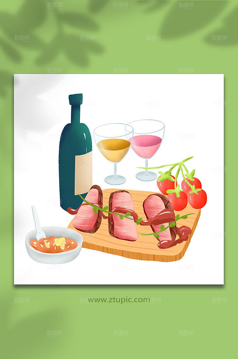 卡通红酒牛排西餐美食插画素材