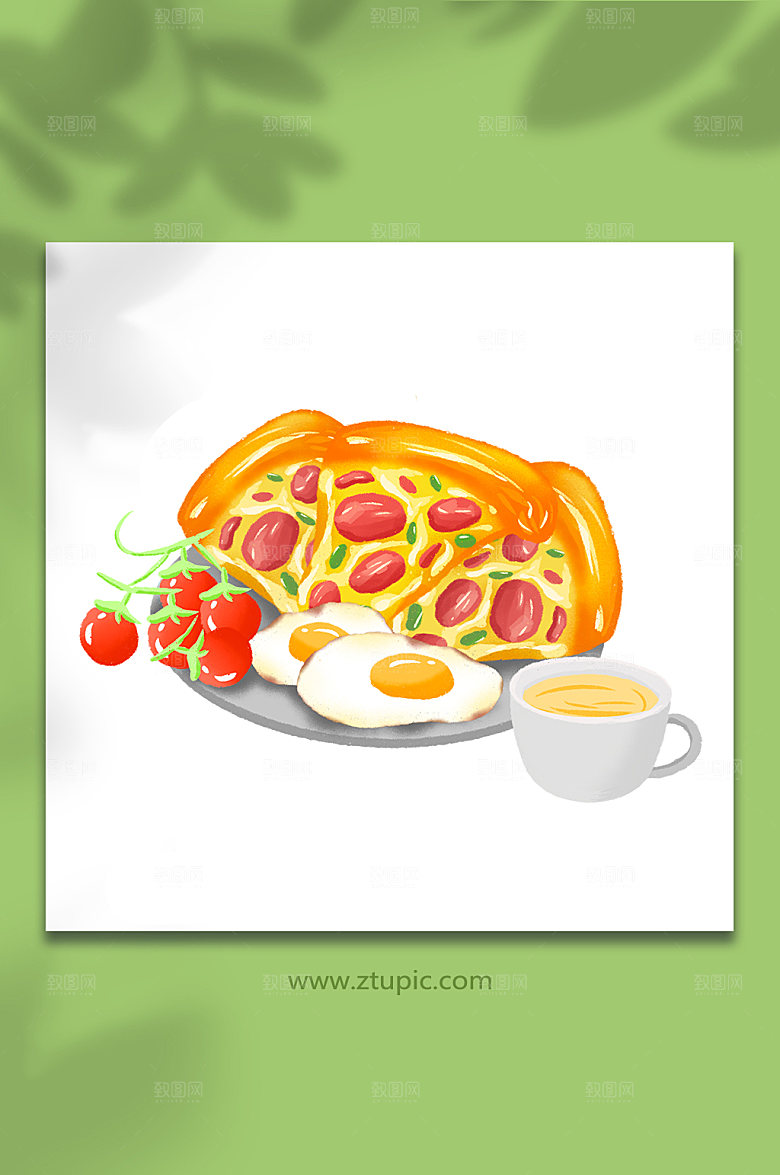 扁平披萨饼牛排西餐美食插画设计