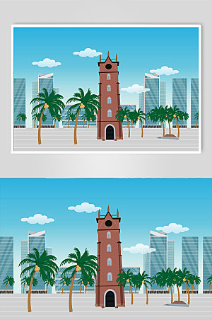 卡通海口城市地标建筑插画设计