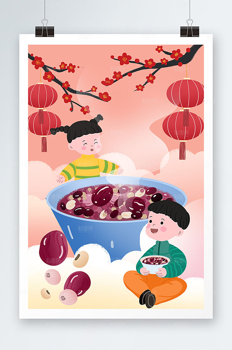 手绘喝腊八粥腊八节人物插画素材