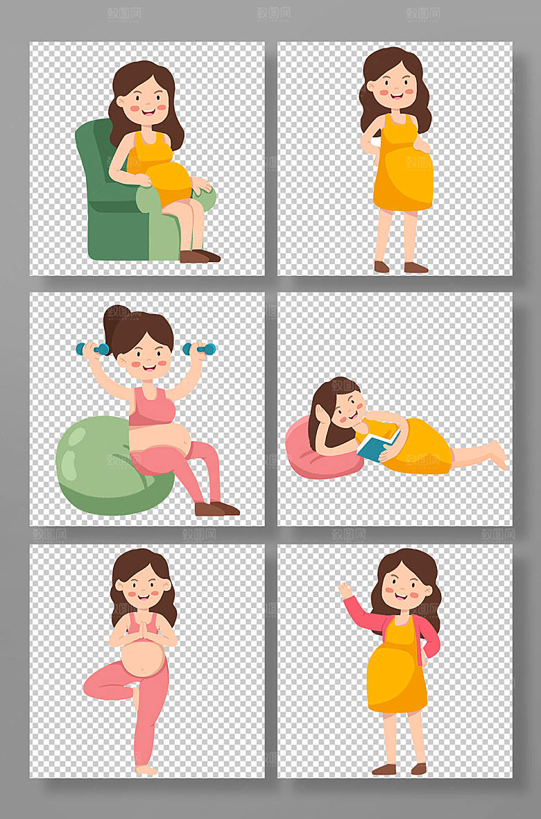 扁平运动孕妇人物元素插画素材