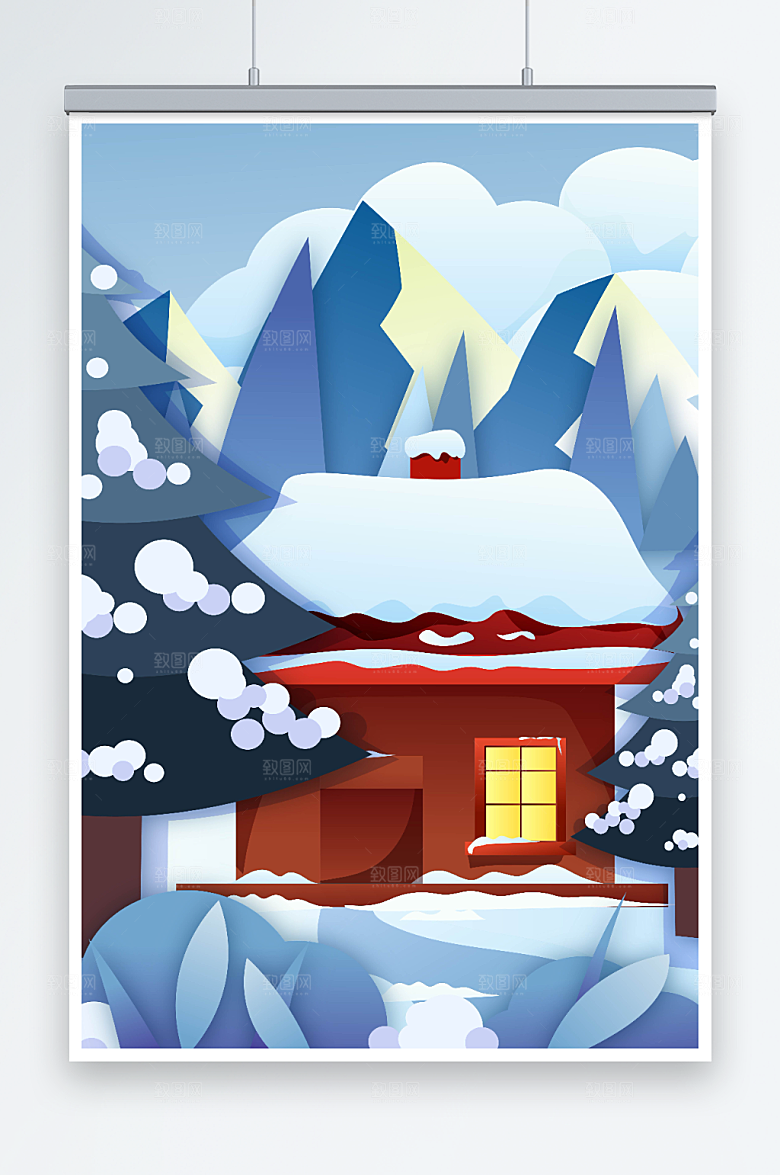 卡通雪屋冬季雪景AI矢量插画设计