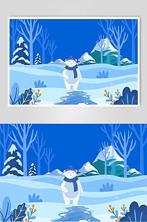 手绘冬季北极熊雪景插画设计