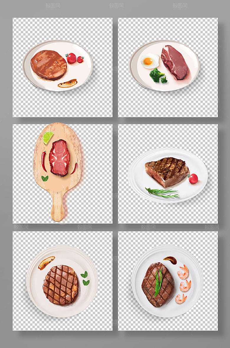 卡通牛排西餐美食元素插画素材
