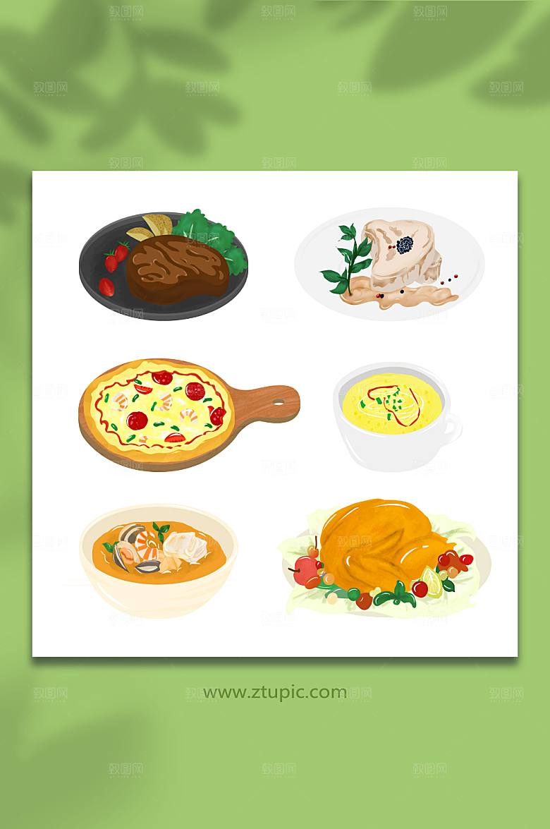 卡通食物牛排西餐美食插画素材