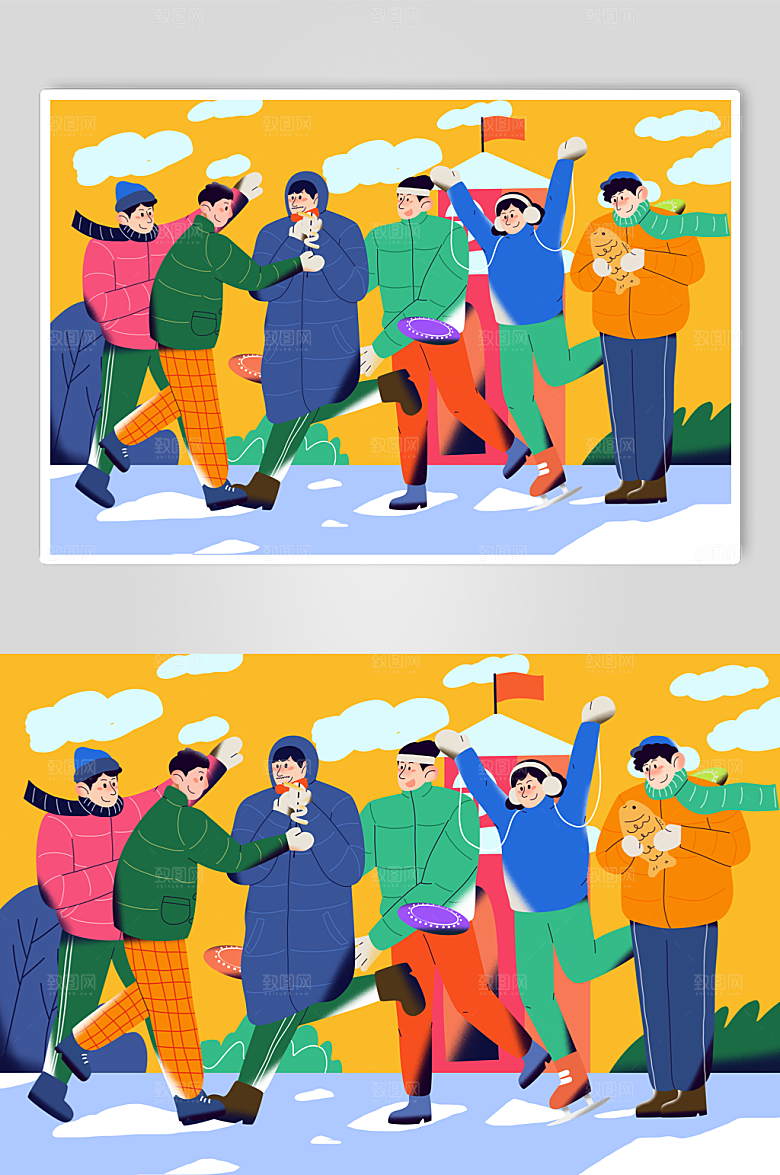 扁平彩色房子冬季人物插画模板